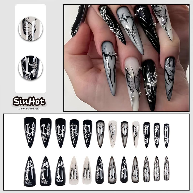 SINHOT Stiletto Press on Nails - Long Fake Nails, Glossy Finish, Black Butterfly & Gothic Style, DIY Artificial False Nail Art - 24 Pcs Nail Kit with Glue - Image 2